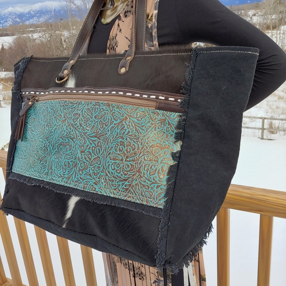 😍New Style Myra Bag Cowhide Canvas Leather Weekender Travel XL extra lar - Picture 10 of 11